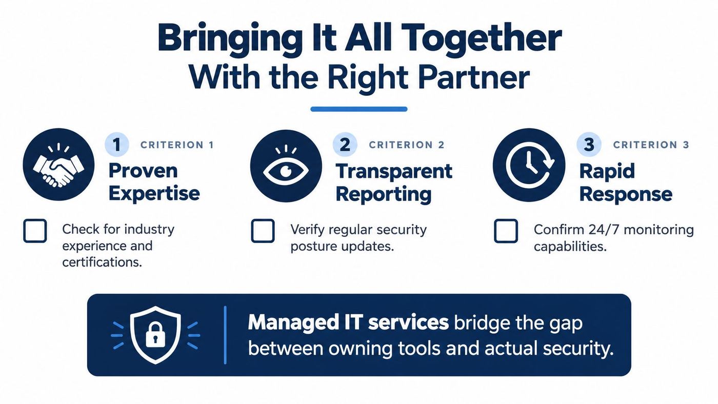 An infographic outlining three key criteria for selecting a managed IT security service partner.