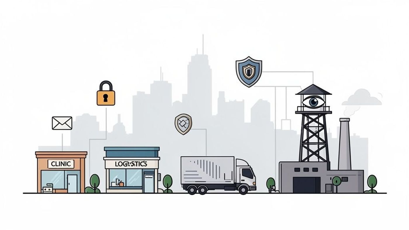 Cityscape illustration with clinic, logistics, factory, and truck, linked by cybersecurity, monitoring, and data privacy icons.