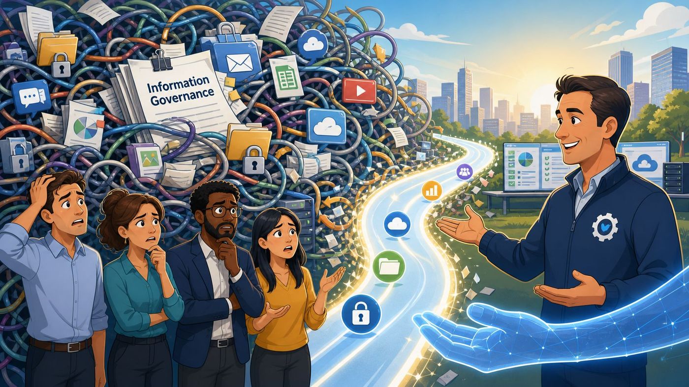 A professional explaining information governance to a team overwhelmed by a chaotic pile of digital documents.