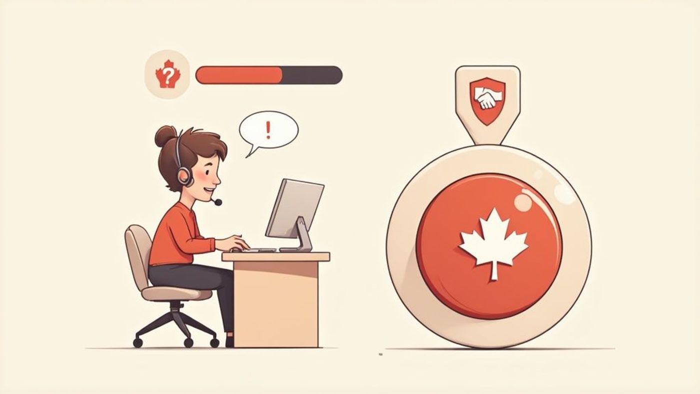 Cartoon image of a customer service agent with a headset at a computer, alongside Canadian service icons.