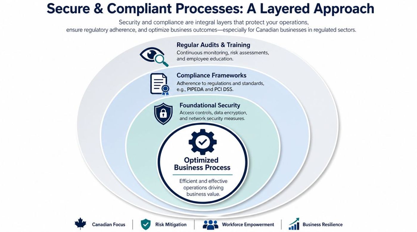 A diagram illustrating a layered approach to business security, compliance, and optimized operational processes for Canadian companies.