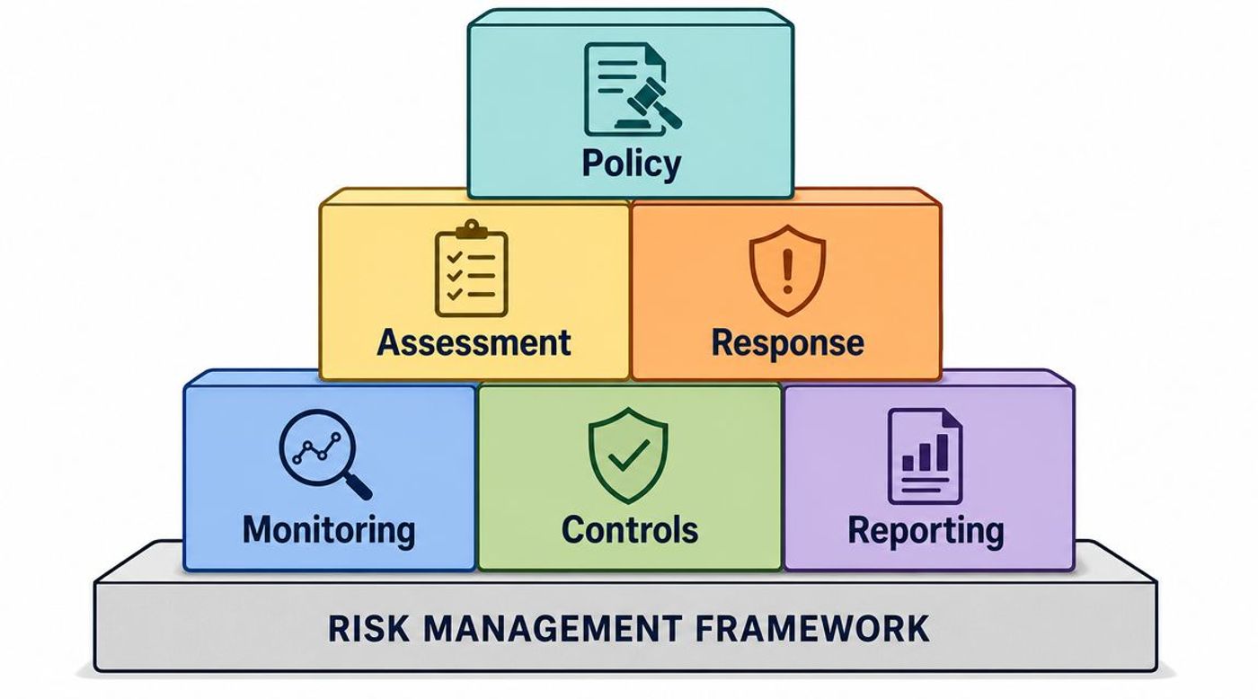 A pyramid diagram showing the components of a Risk Management Framework including policy, assessment, response, monitoring, controls, and reporting.