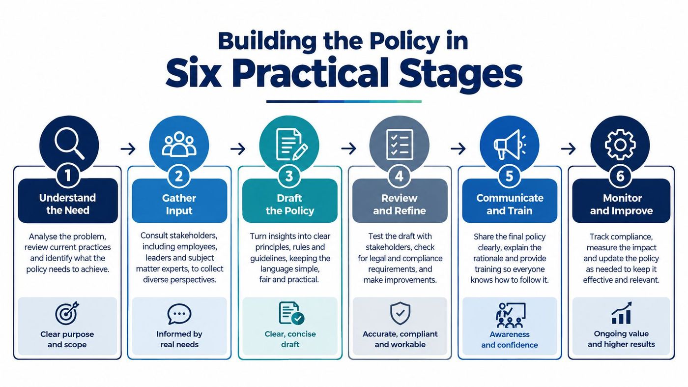 A six-stage process infographic titled Building the Policy illustrating steps from understanding needs to continuous improvement.