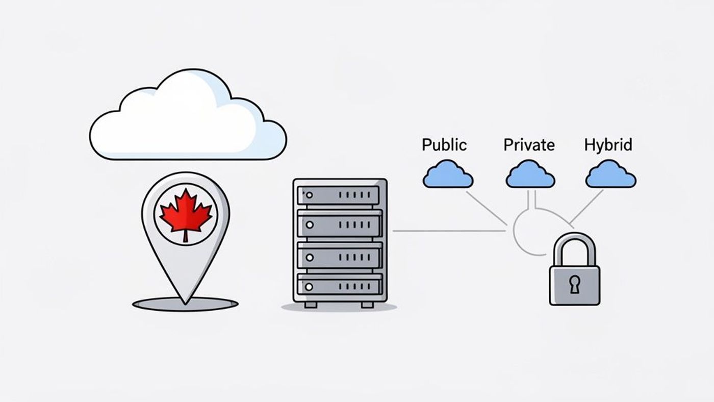 Diagram showing Canadian IT services with server rack connected to secure public, private, and hybrid cloud solutions.