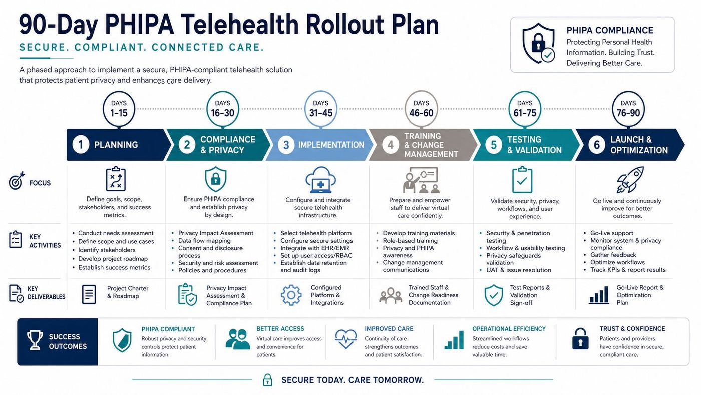 A 90-day roadmap chart illustrating a phased plan for implementing a PHIPA-compliant telehealth solution for healthcare providers.