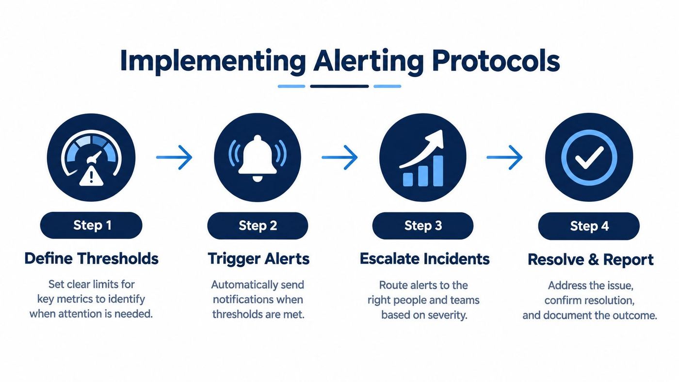 A four-step infographic illustrating the process of implementing organizational alerting protocols for monitoring system performance.