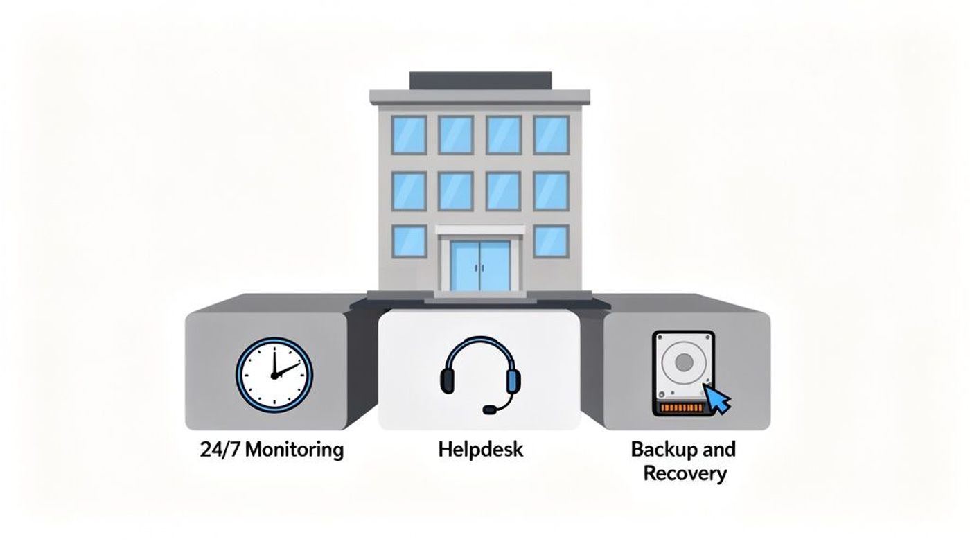 A building representing a business connected to blocks for 24/7 monitoring, helpdesk, and backup services.