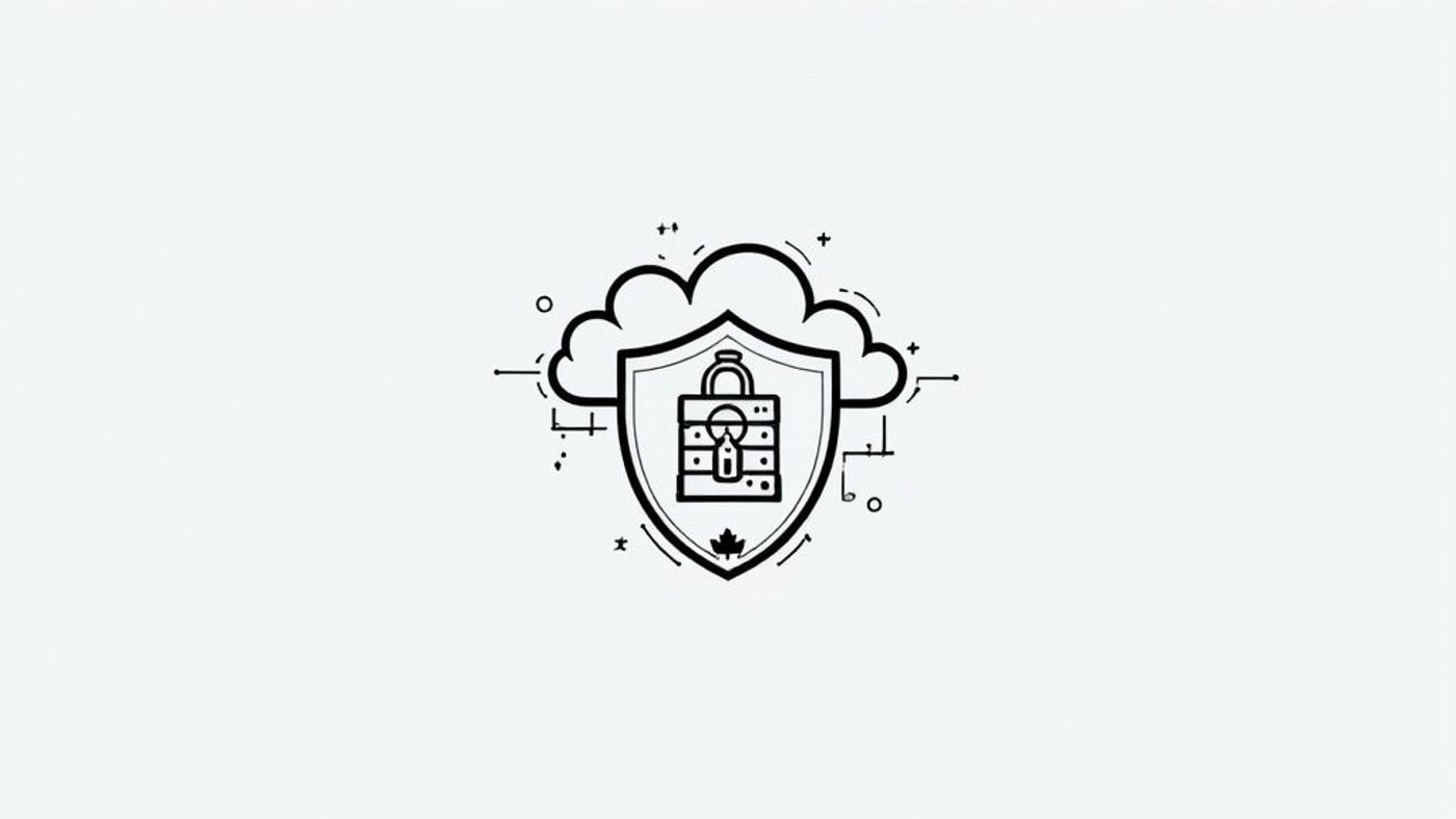 A graphic illustrating cloud data security, featuring a shield protecting a locker, with clouds overhead and a Canadian maple leaf.