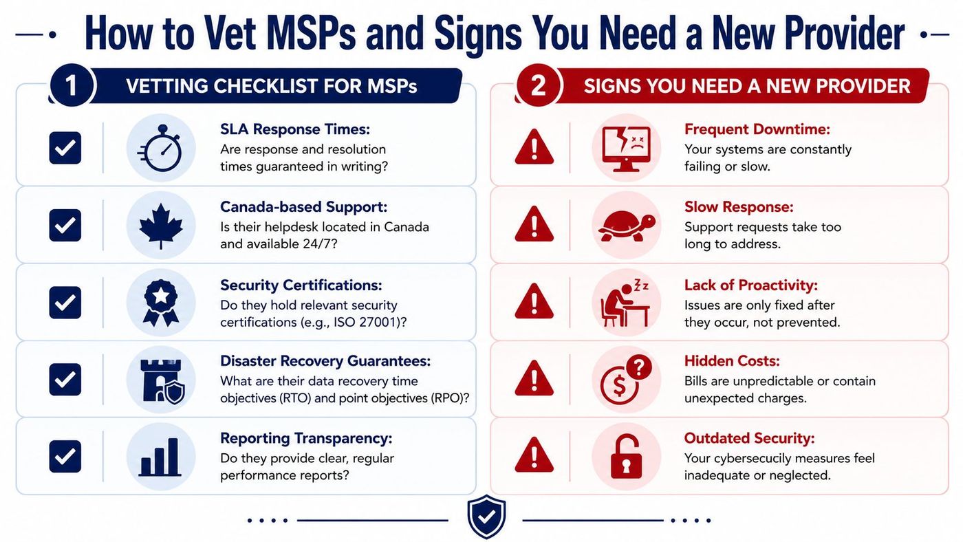 An infographic detailing a vetting checklist for managed service providers and warning signs indicating a need for a new IT provider.