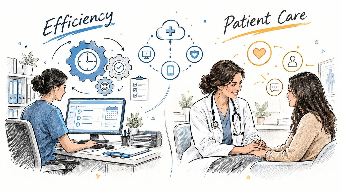 A split illustration showing a healthcare administrator working on a computer and a doctor comforting a patient.