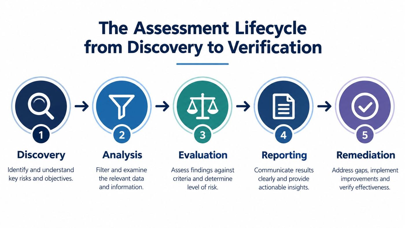 A five-step flowchart illustrating the assessment lifecycle, moving from discovery to analysis, evaluation, reporting, and remediation.