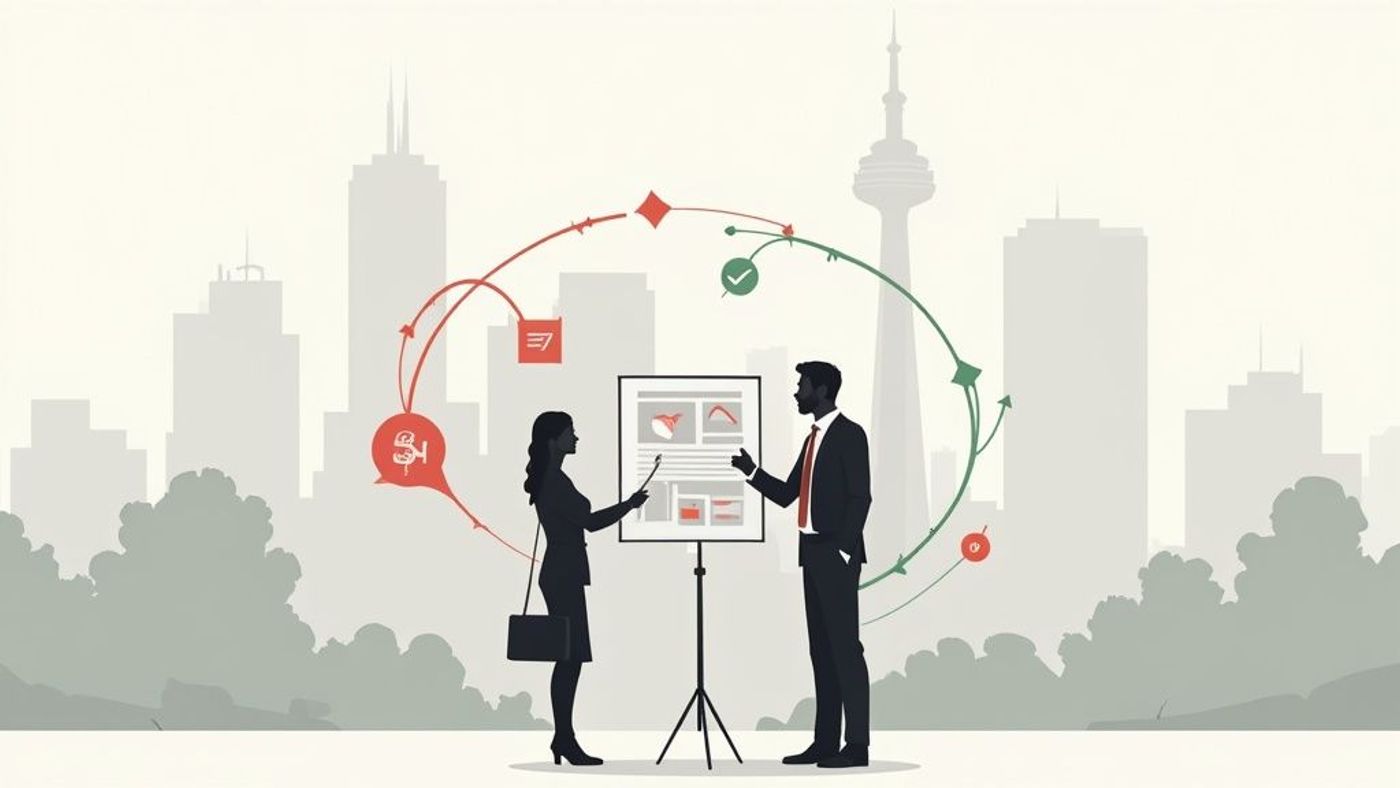 Two professionals present a strategic plan with data and process flows against a city backdrop.