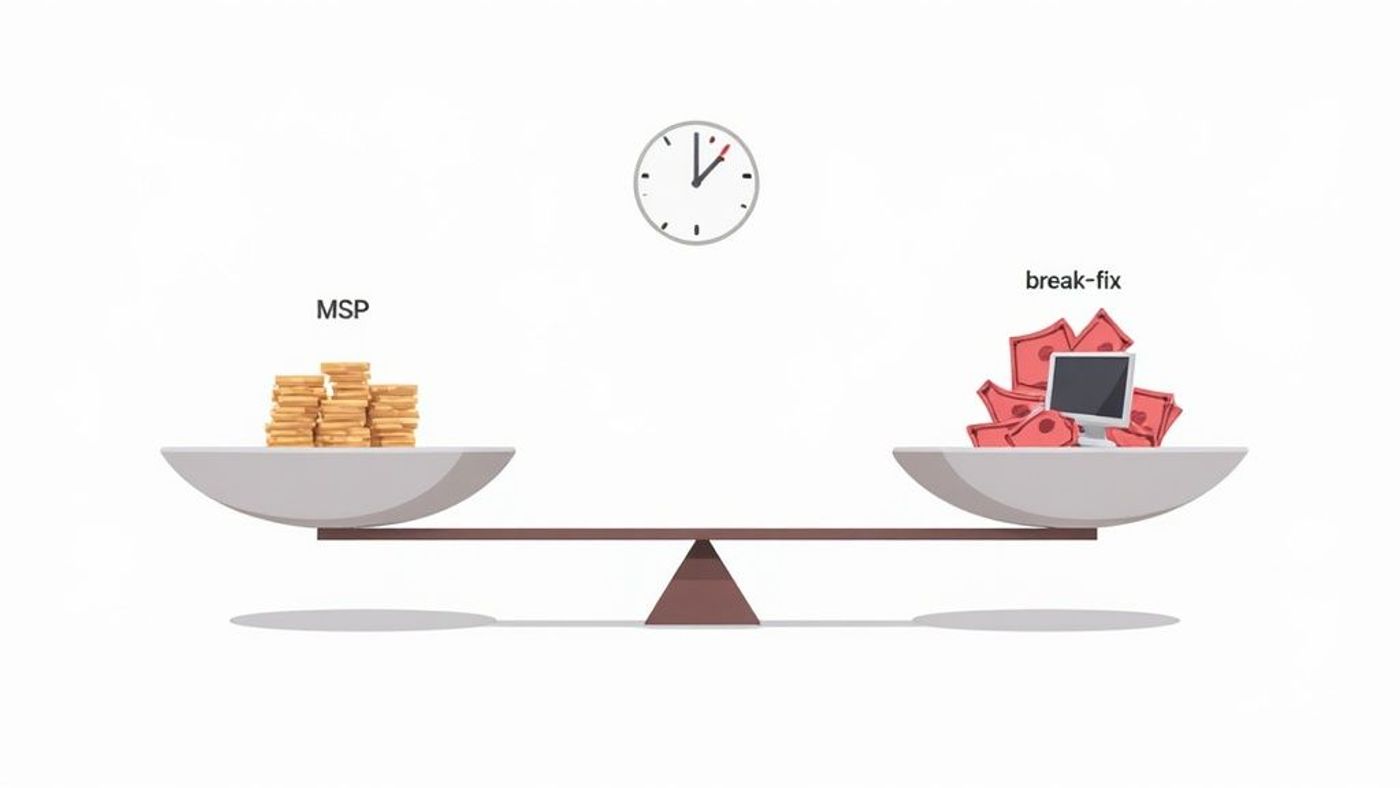 A graph showing the financial stability of predictable monthly IT costs versus the volatile spikes of break-fix IT expenses.