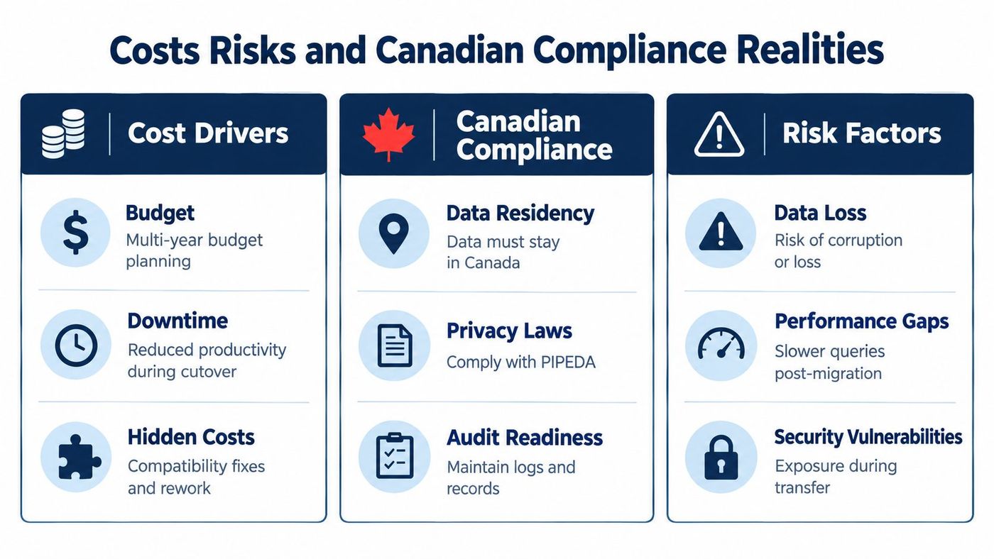 A chart detailing the cost drivers, Canadian compliance requirements, and risk factors involved in business data migration.