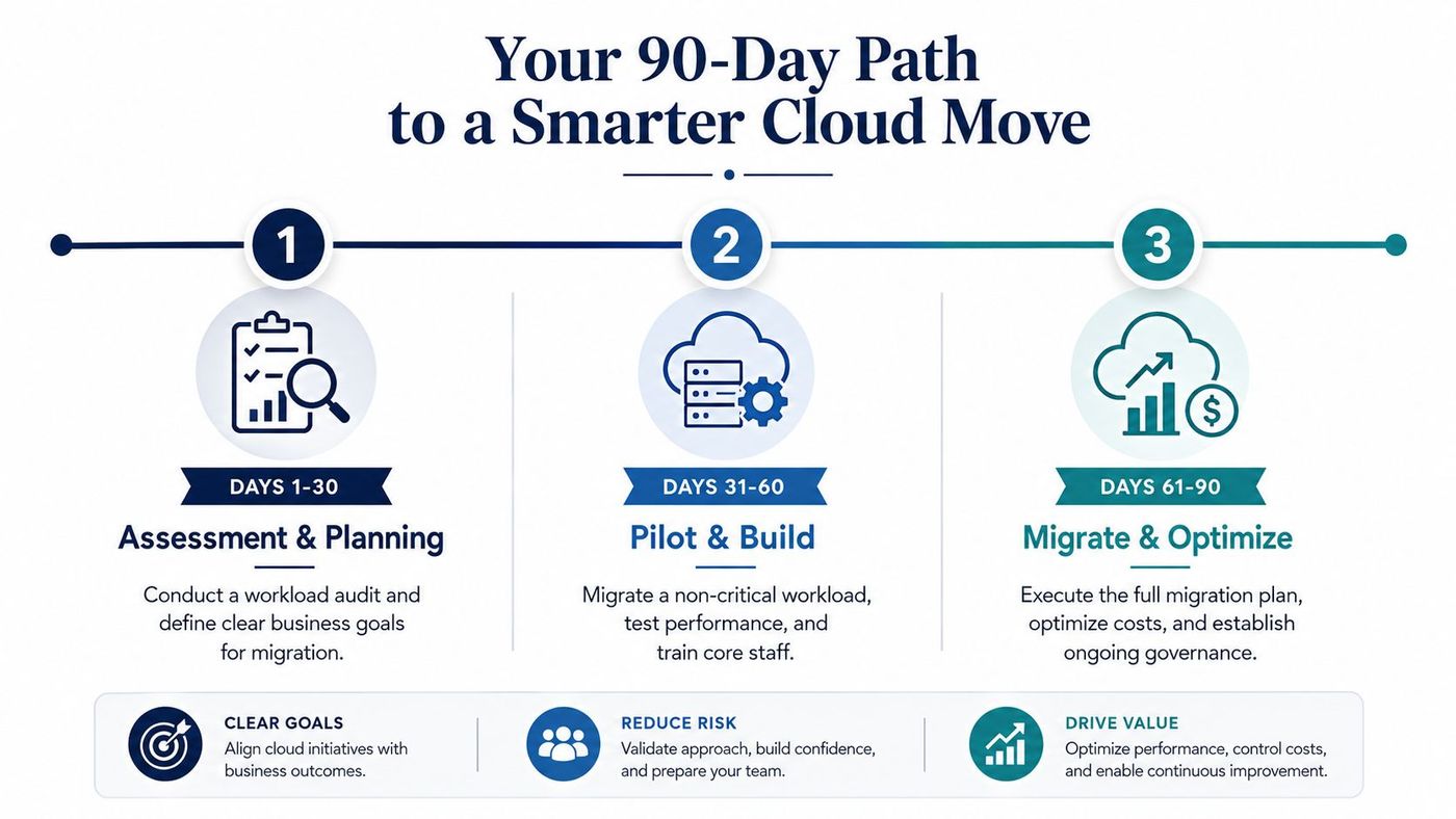 A 90-day plan infographic illustrating a step-by-step path for a strategic business cloud migration process.
