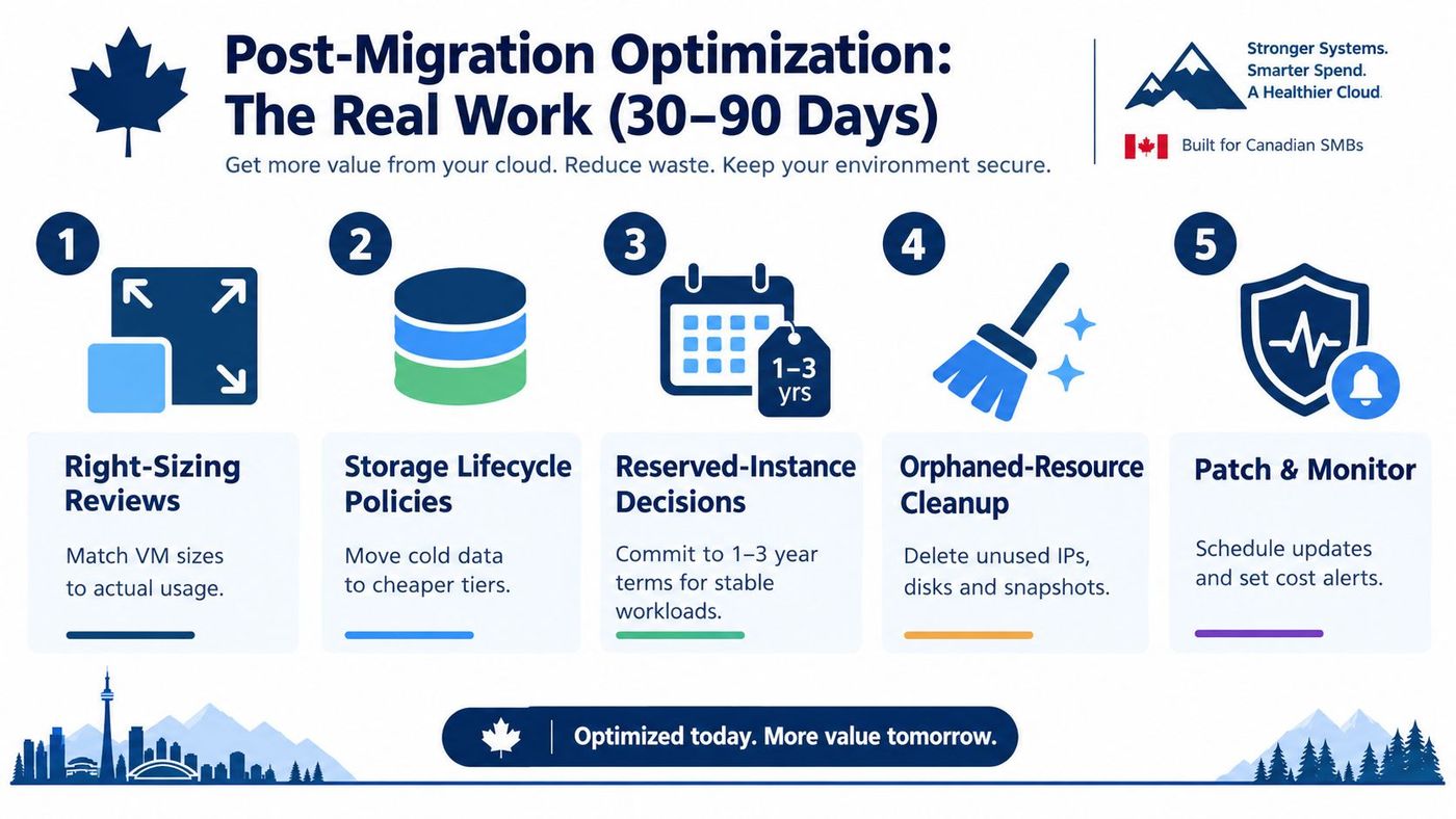 An infographic titled Post-Migration Optimization outlining five key steps for cloud resource management and cost reduction.