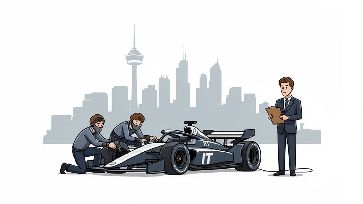 Two technicians work on an 'IT' branded race car, observed by a manager, with a city skyline in the background.