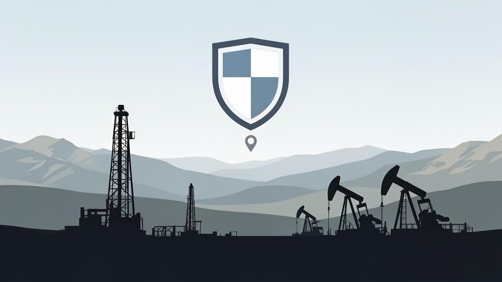 Illustration of an oil field with drilling rigs and pumpjacks under a security shield and location pin.