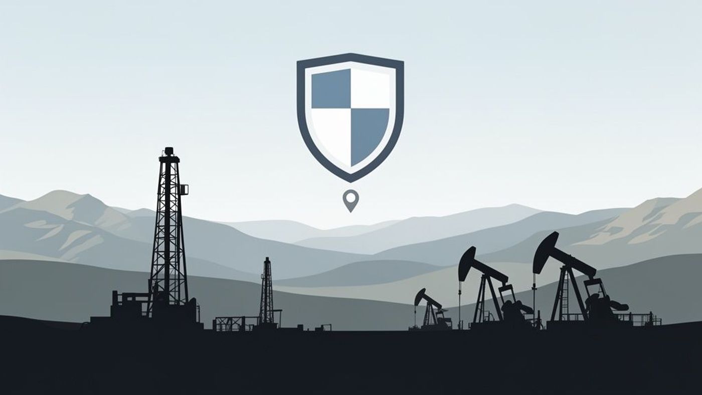 Illustration of an oil field with drilling rigs and pumpjacks under a security shield and location pin.