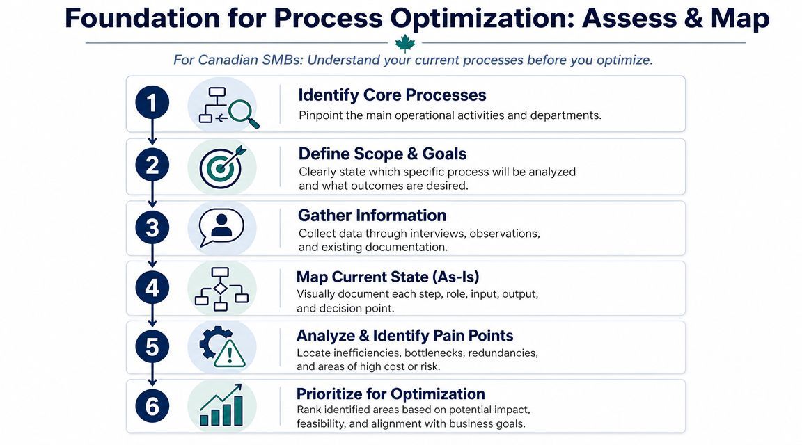 A six-step infographic outlining the foundation for business process optimization, assessment, and mapping for Canadian SMBs.
