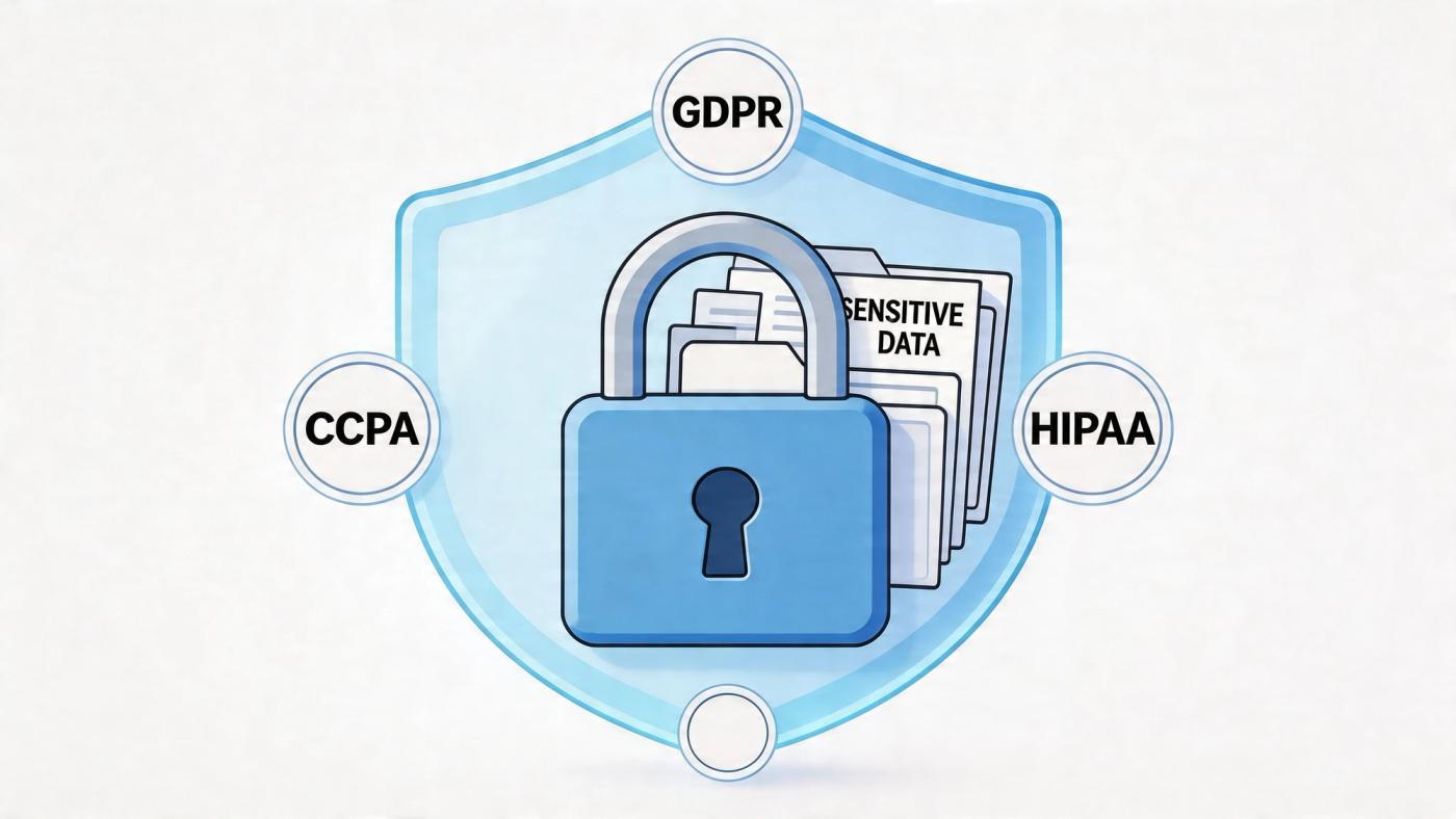 A digital shield symbol protecting documents labeled sensitive data, surrounded by GDPR, CCPA, and HIPAA compliance icons.