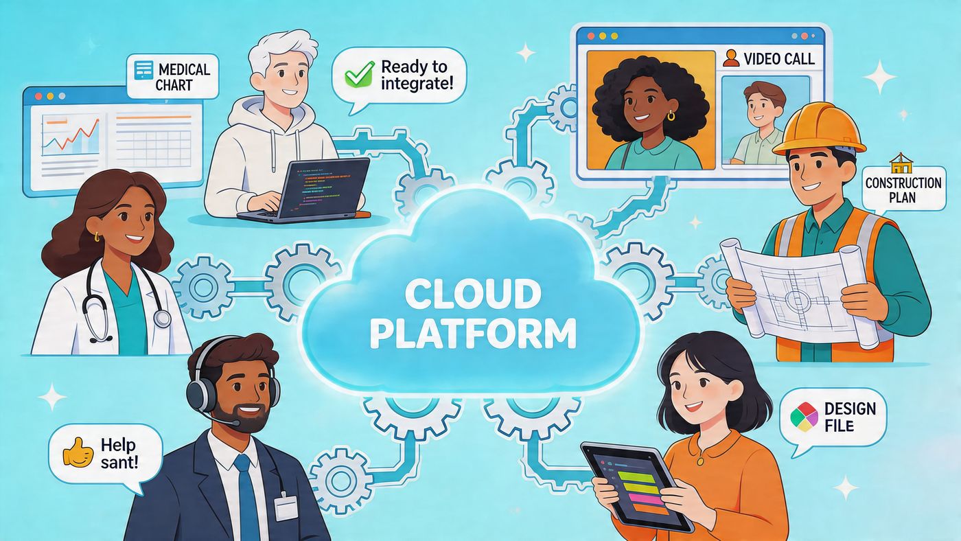 A diverse team of professionals using a cloud platform for collaborative work across different industry sectors.