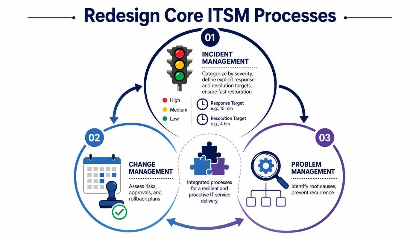 A diagram illustrating the redesign of core ITSM processes, including incident, change, and problem management.