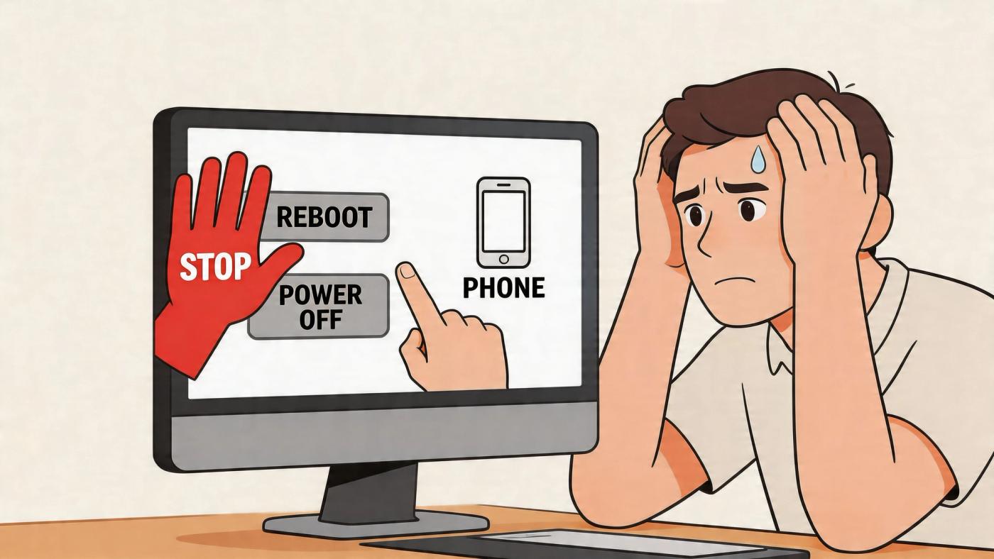 A worried man looking at a computer screen showing power off and reboot options for a smartphone.