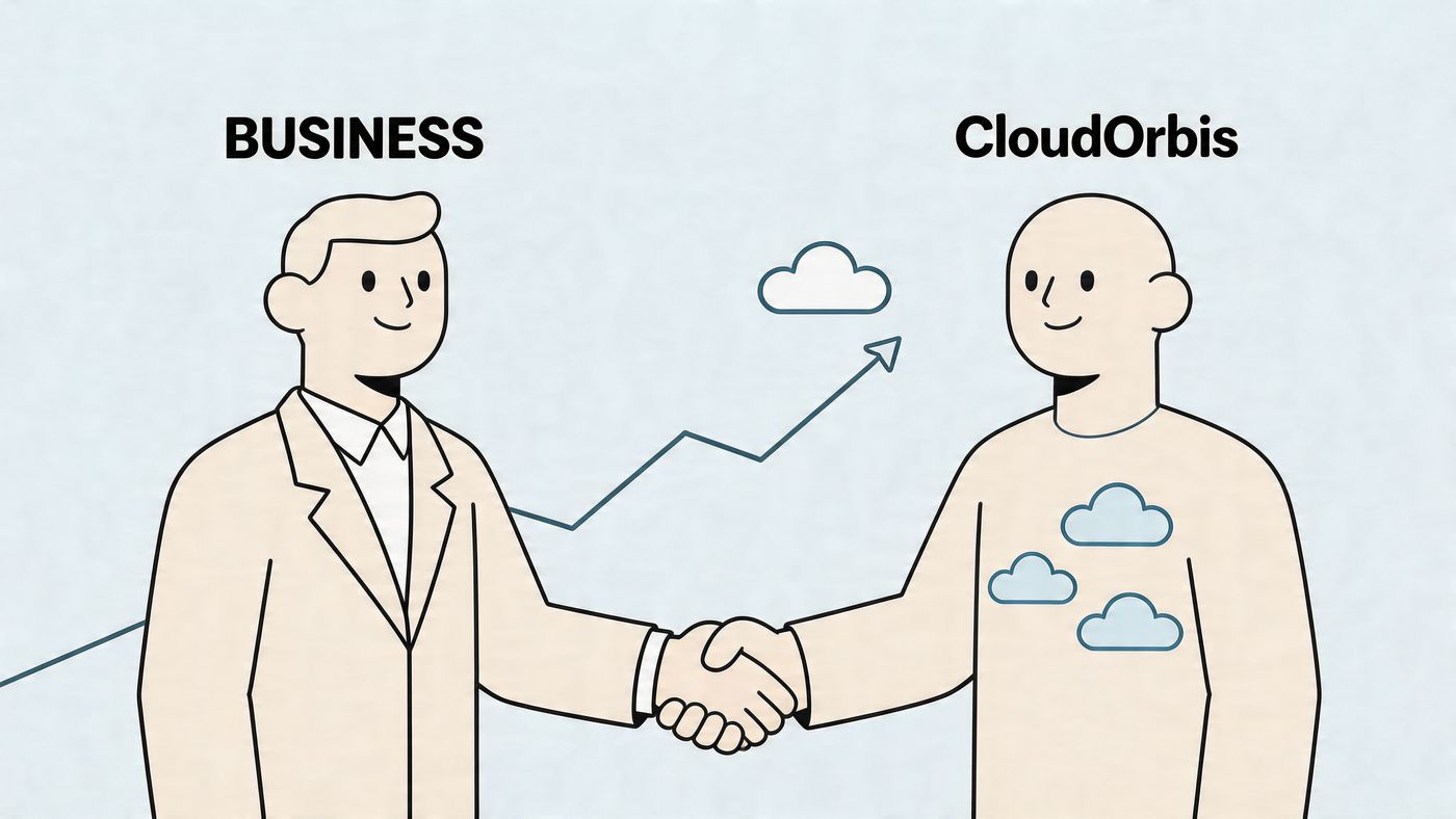 A professional business person shaking hands with a CloudOrbis representative to symbolize a partnership in cloud services.