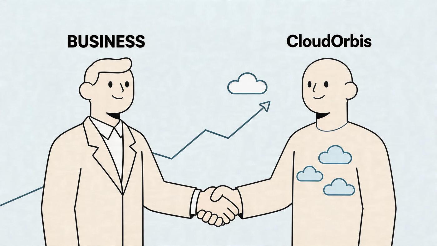 A professional business person shaking hands with a CloudOrbis representative to symbolize a partnership in cloud services.