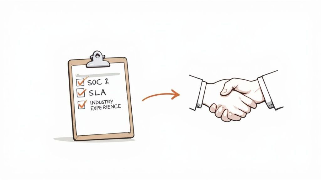 Illustration of a completed checklist for service requirements, including SOC 2 and SLA, resulting in a handshake.