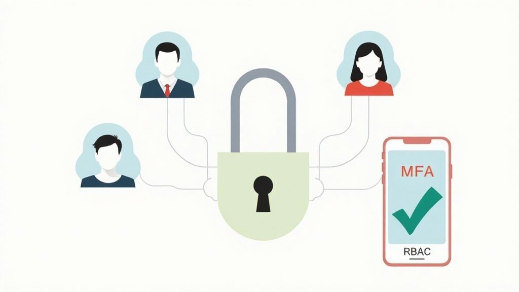 Illustration of users connected to a padlock and a smartphone displaying MFA and RBAC for secure access control.