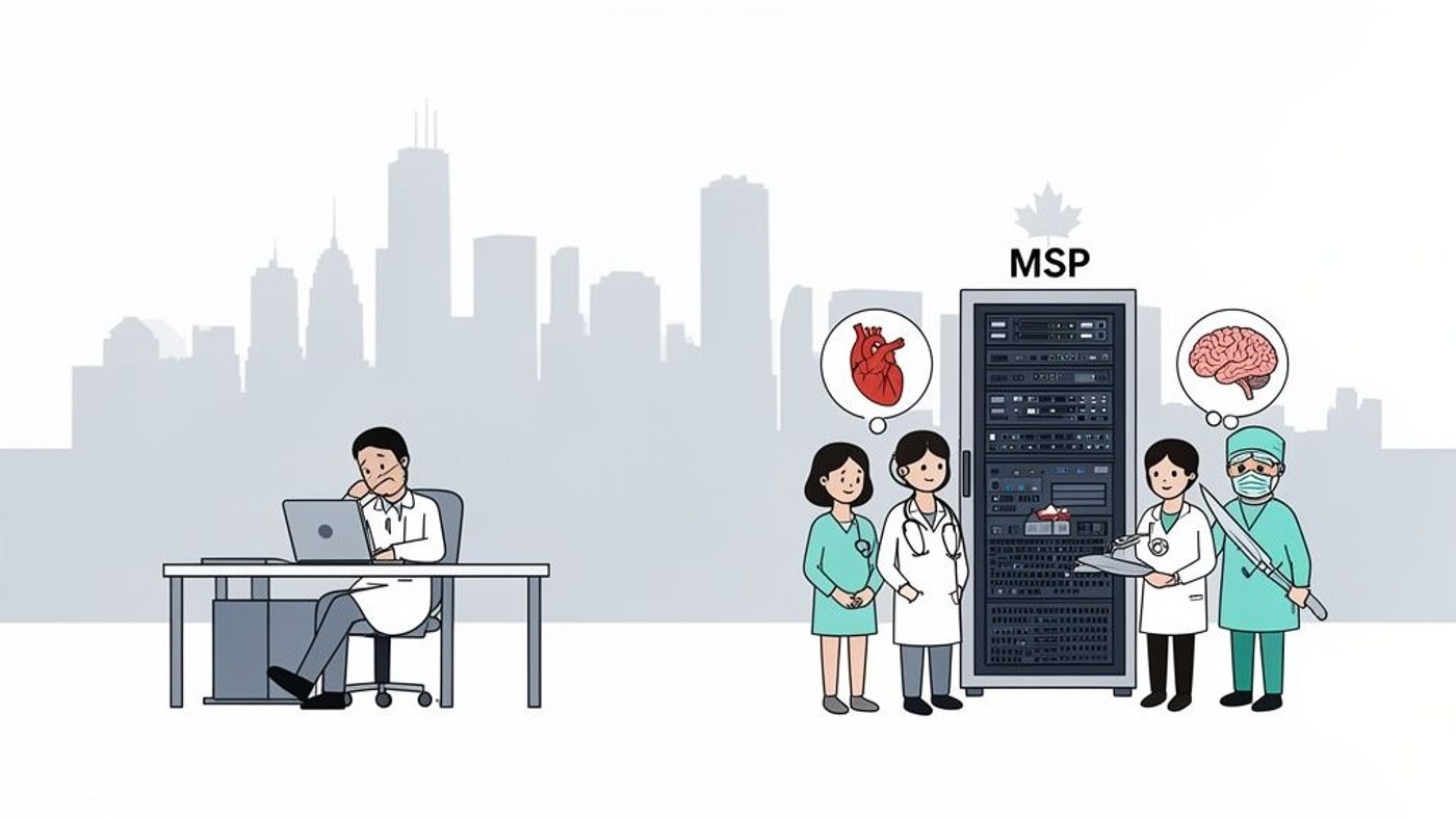 Healthcare professionals leveraging a Canadian MSP server for medical data, with a stressed doctor at a laptop.