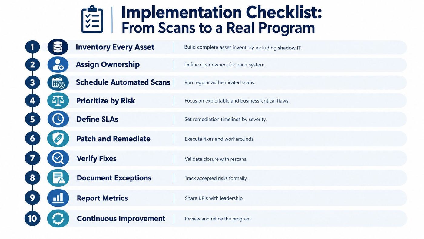 A ten-step checklist for building a vulnerability management program, shown as an infographic from scans to operations.