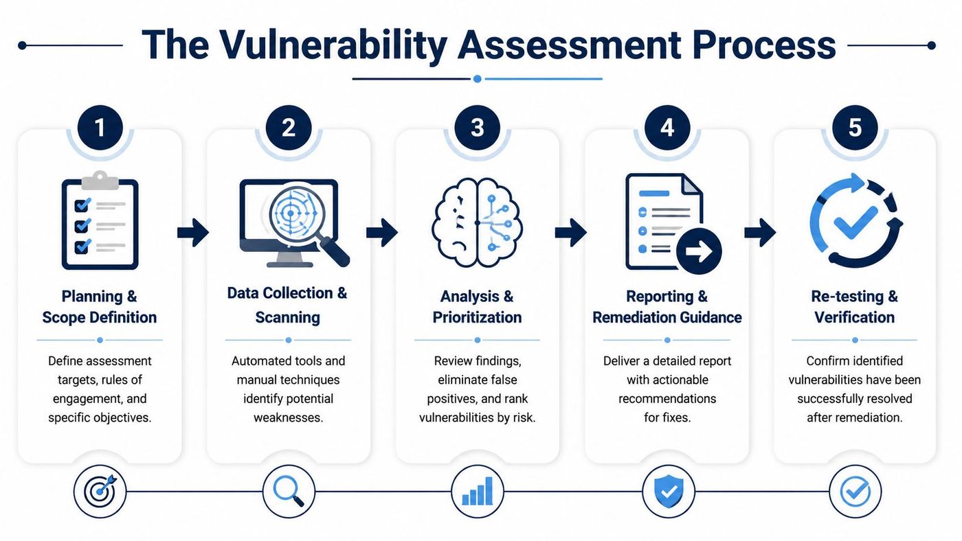 A five-step infographic illustrating the vulnerability assessment process from planning to final verification.