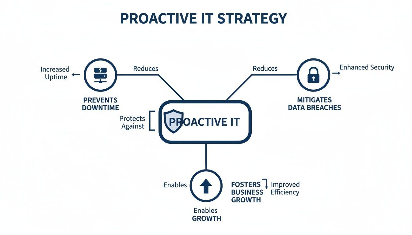 Diagram illustrating how a proactive IT strategy prevents downtime, mitigates data breaches, and fosters business growth.