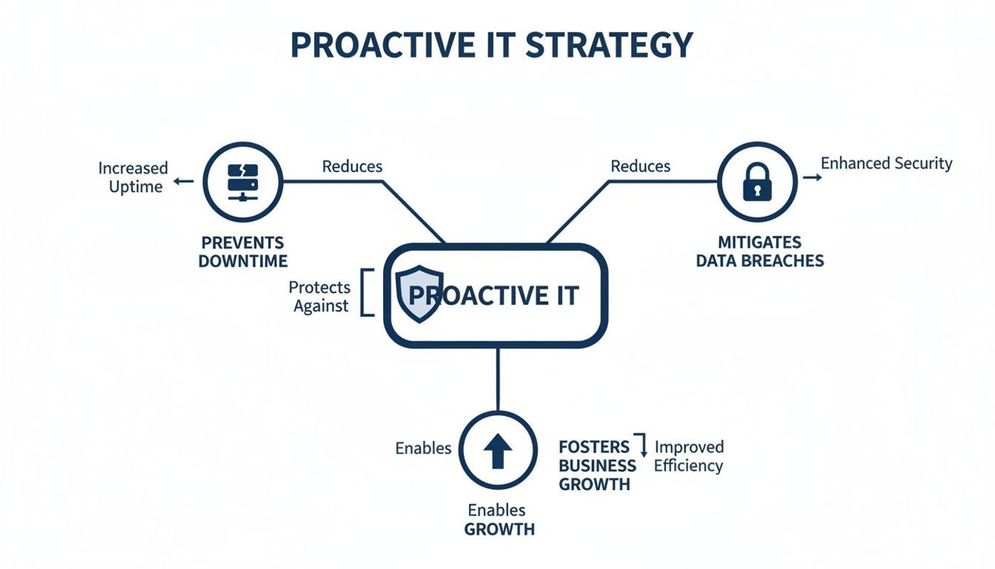 Diagram illustrating how a proactive IT strategy prevents downtime, mitigates data breaches, and fosters business growth.