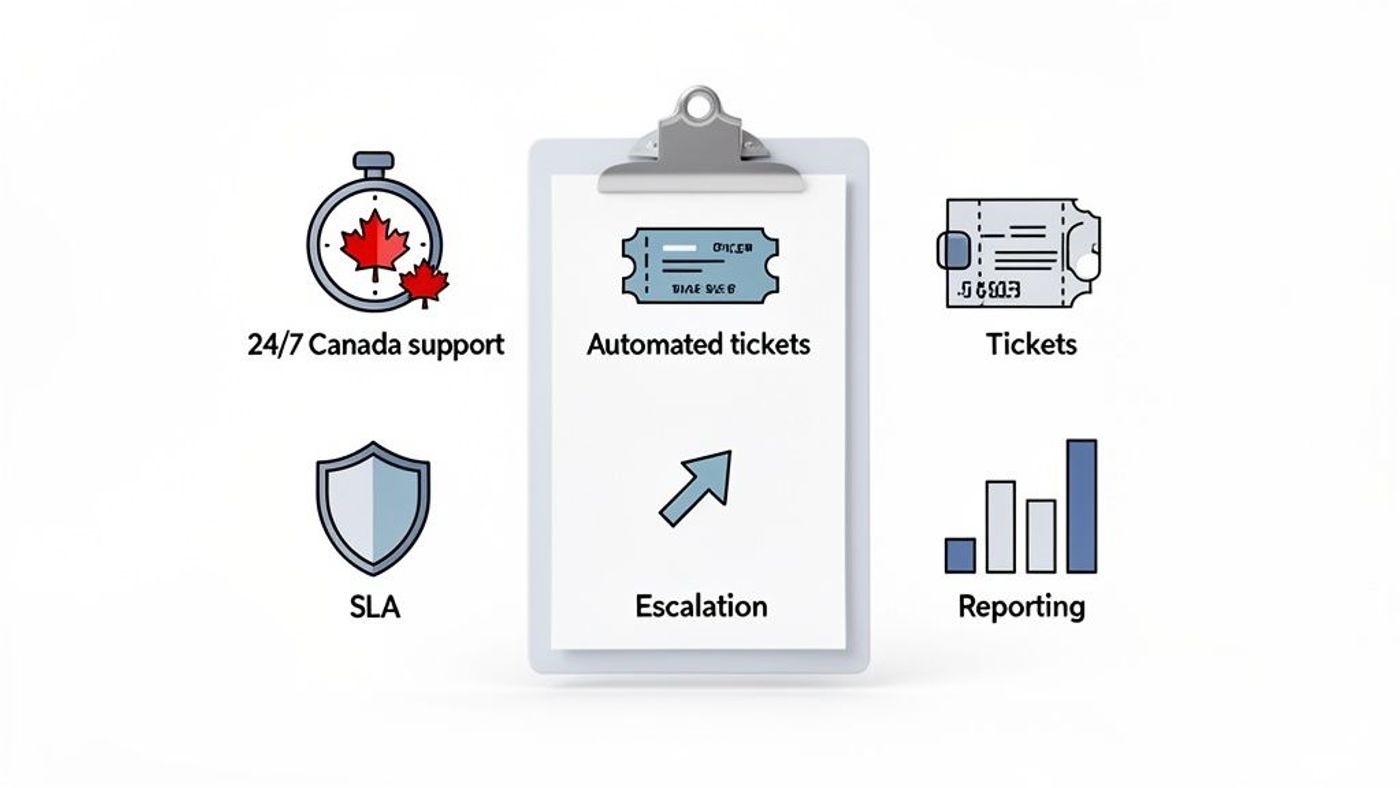 Icons illustrate help desk support features: 24/7 Canada support, automated tickets, SLA, escalation, tickets, and reporting.