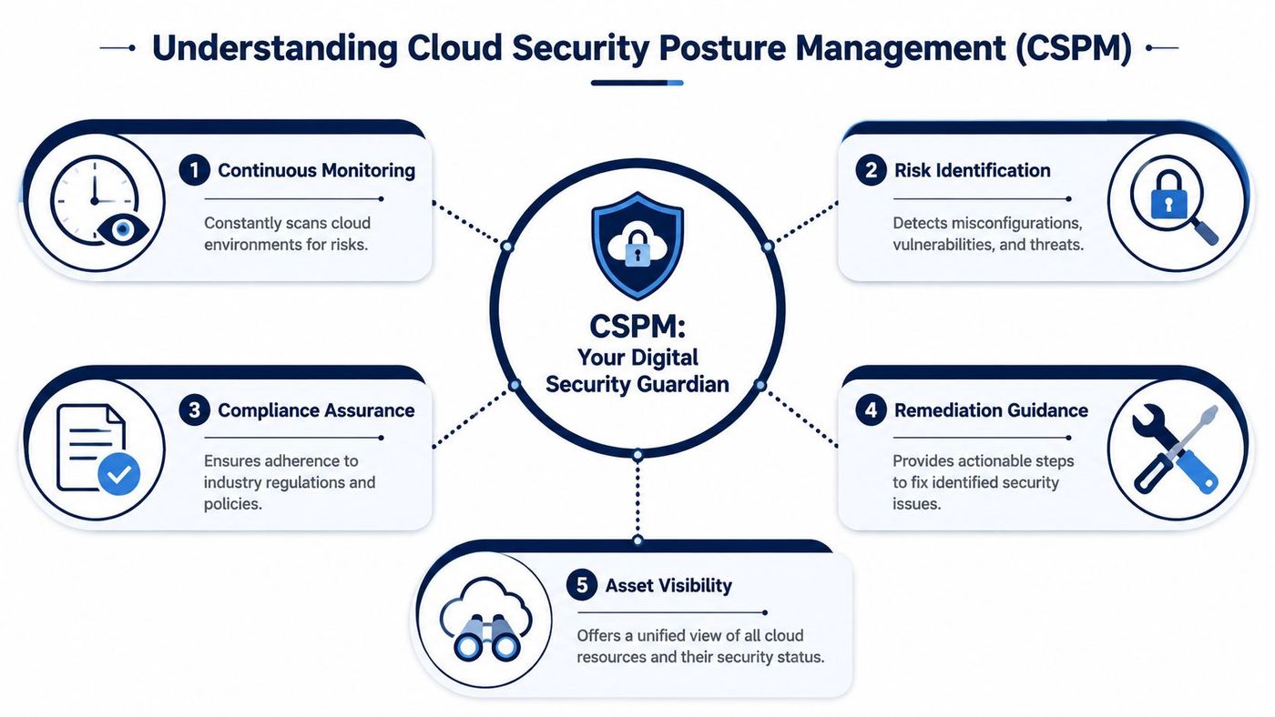 A diagram explaining Cloud Security Posture Management with five key pillars for comprehensive cloud protection and security.