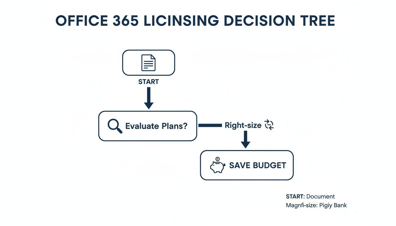 A flowchart showing the Office 365 licensing decision tree, from evaluating plans to saving budget.