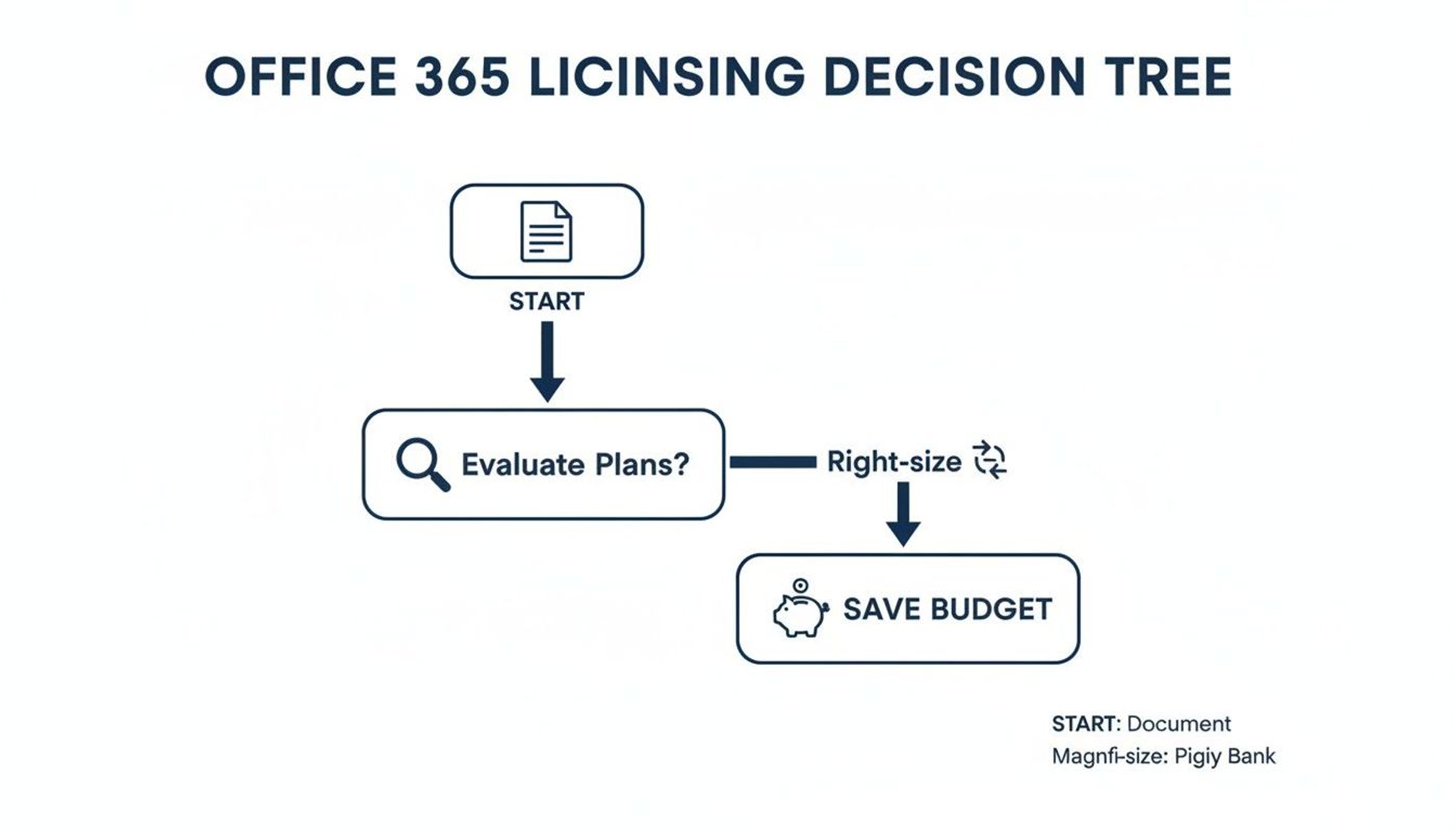 A flowchart showing the Office 365 licensing decision tree, from evaluating plans to saving budget.