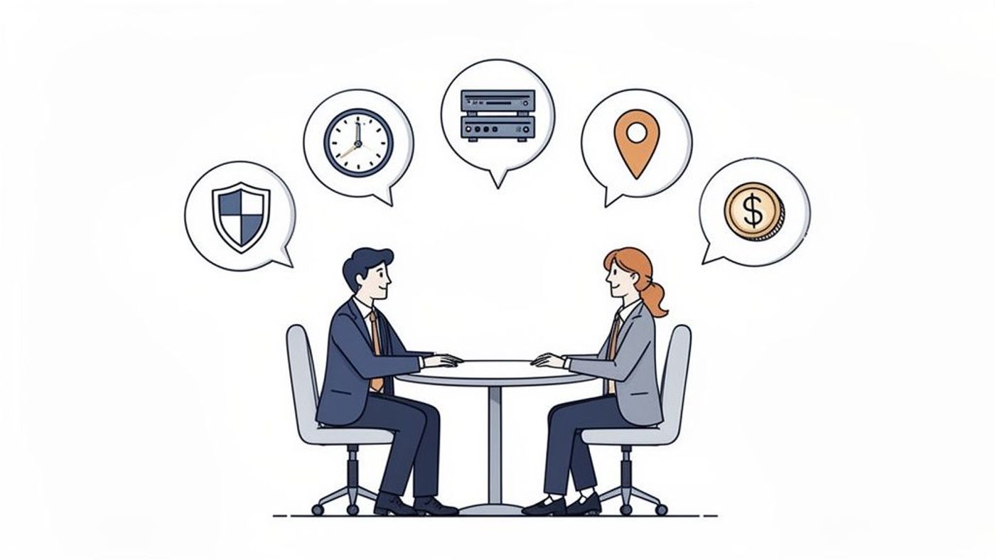 Two business professionals discussing key business aspects like security, time, data, location, and finance.
