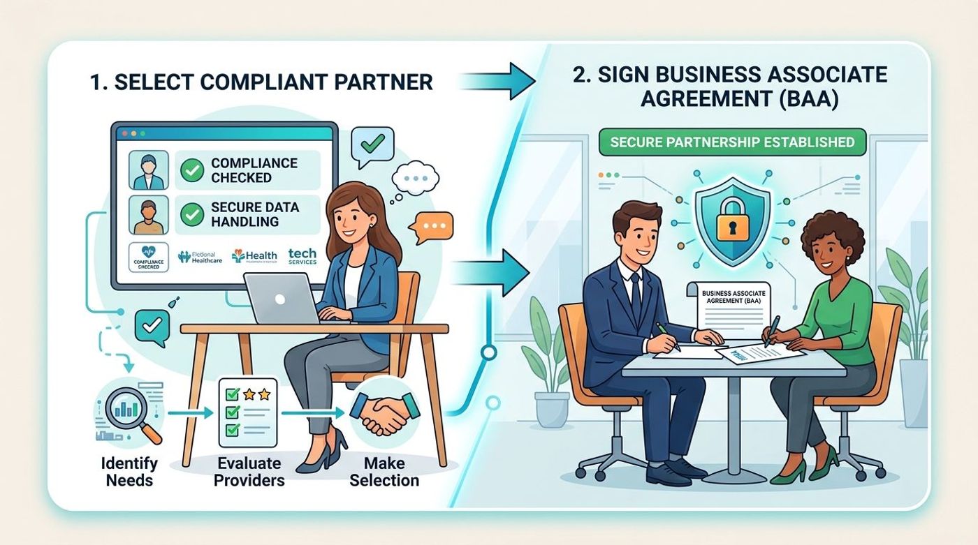 A professional illustration showing the two-step process of selecting a HIPAA compliant partner and signing a BAA.