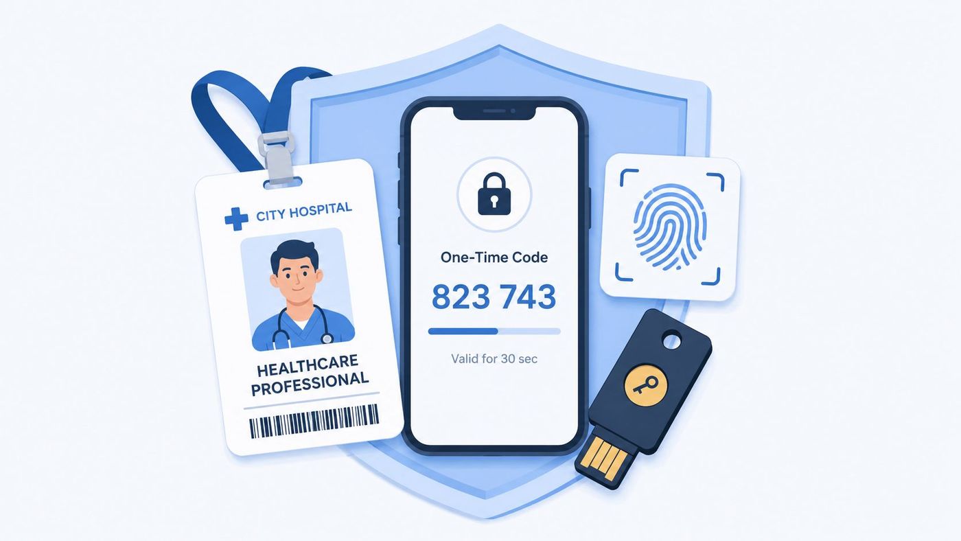 A digital illustration representing healthcare security with a professional ID card, smartphone authentication code, fingerprint, and key.