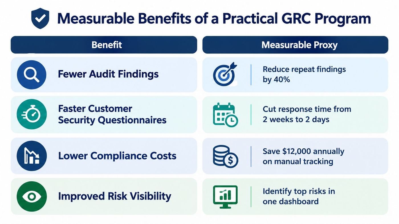 A chart highlighting four measurable business benefits of implementing a practical governance, risk, and compliance program.
