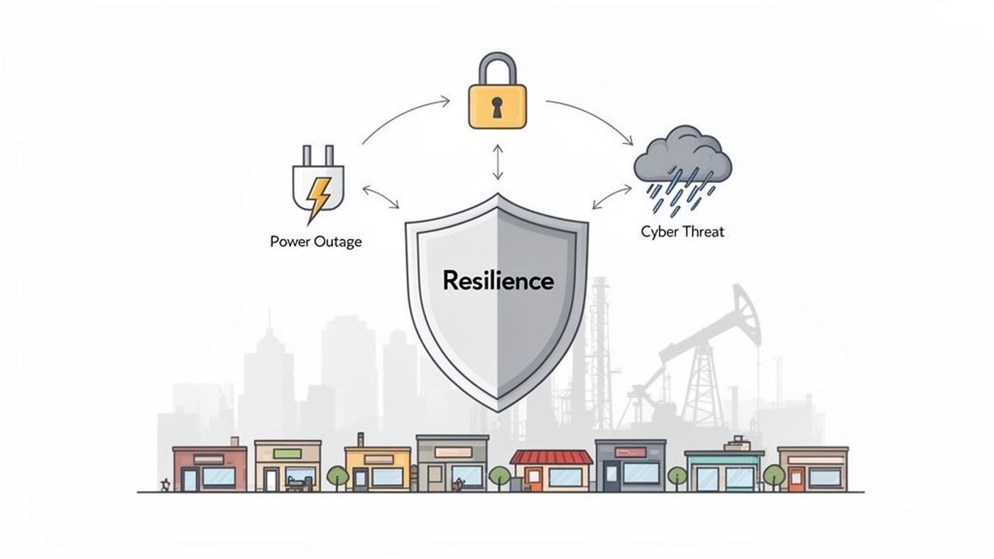 An infographic showing resilience protecting against power outages, cyber threats, and security issues.