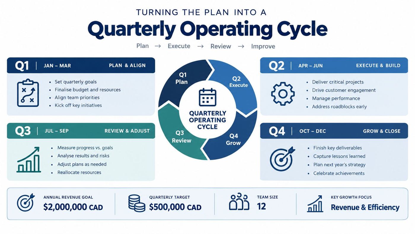 A diagram illustrating a quarterly operating cycle with four phases of business planning, execution, review, and growth.