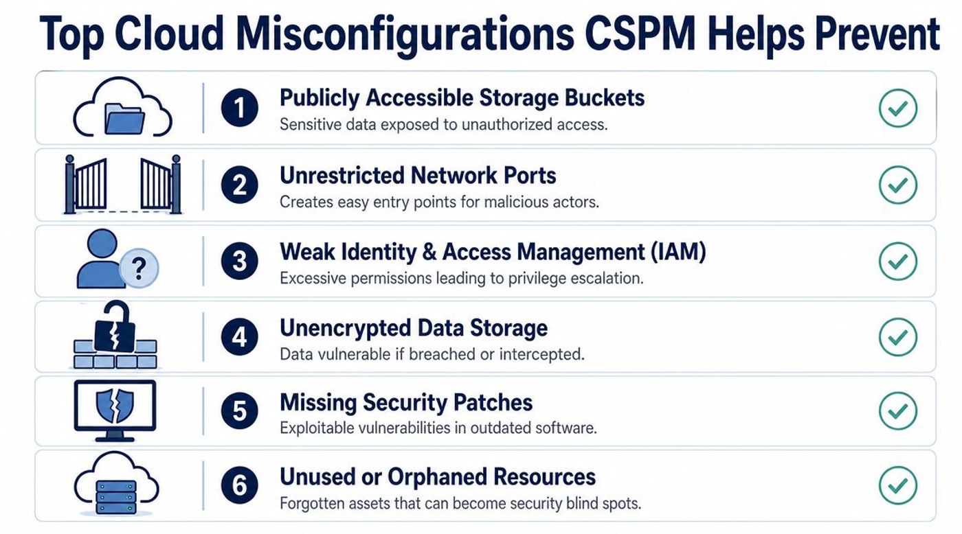 An infographic showing the top six cloud misconfigurations that CSPM helps prevent in enterprise environments.