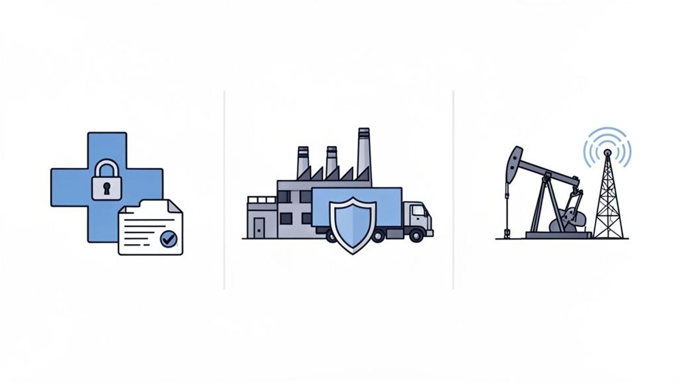 Illustrations showing secured healthcare data, protected industrial supply chain, and critical energy infrastructure.