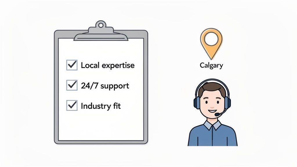 Illustration showing a checklist for local expertise, 24/7 support, industry fit, and a Calgary customer support agent.